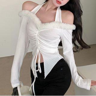 Long-sleeve Off-shoulder Fluffy Trim Drawstring Knit Top