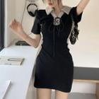 Short-sleeve Lace-up Polo Bodycon Dress Black - One Size