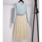 V-neck Knit Top / Mesh Midi A-line Skirt / Set
