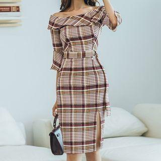 Elbow-sleeve Plaid Midi Sheath Dress