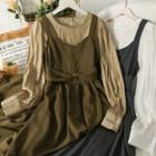 Set: Puff-sleeve Chiffon Loose Top + Sleeveless Midi Dress With Sash