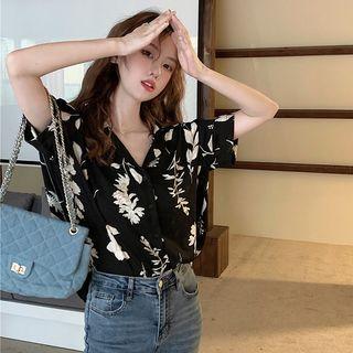 V-neck Printed Oversize Blouse Black - One Size