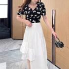 Short-sleeve Bow Blouse / Midi A-line Skirt / Set