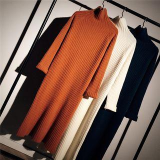 Mock-turtleneck Midi Ribbed Sweater Dress