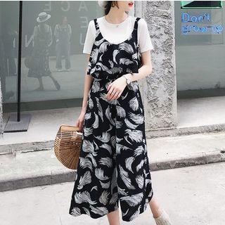 Set: Chiffon Strappy Top + Smocked Wide-leg Jumpsuit