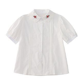 Short Sleeve Floral Embroidered Pleated Shirt White - One Size