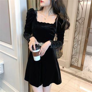Square-neck Rhinestone Velvet Mini A-line Dress