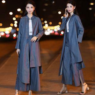 Set: Buttoned Denim Coat + Wide-leg Pants