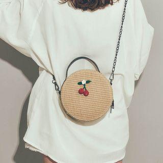 Chain Strap Embroidered Straw Bag