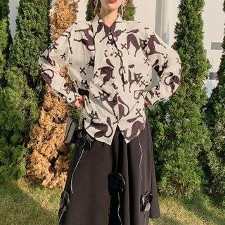 Flower Accent Midi A-line Skirt / Cat Print Blouse