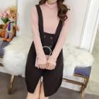 Set: Mock-neck Pullover + Buttoned Pinafore Mini Dress