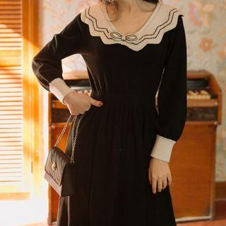 Collared A-line Midi Knit Dress Black - One Size