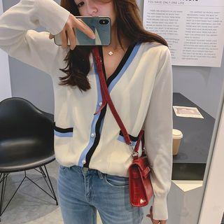 Faux Pearl-button Color-panel Cardigan