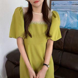 Short-sleeve Frill Trim Mesh Panel Midi Dress