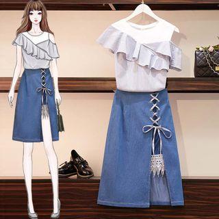 Set: Short-sleeve Ruffle T-shirt + Slit Midi A-line Denim Skirt