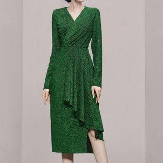 Long-sleeve V-neck Irregular Midi A-line Dress