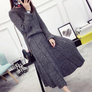 Set: Ribbed Knit Sweater + Midi Knit Skirt