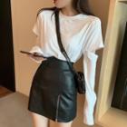 Detachable Long-sleeve T-shirt / Faux Leather A-line Skirt