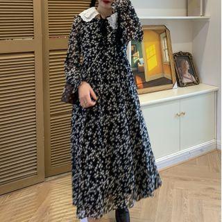 Long-sleeve Collar Floral Chiffon Maxi Dress