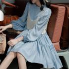 Set: Long-sleeve Shift Dress + Crochet Knit Cropped Camisole Top