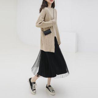 Side-slit Oversize Sweater / Midi Mesh Skirt