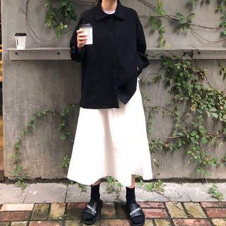 Buttoned Cardigan / Plain Midi Skirt