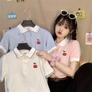 Cherry Embroidered Short Sleeve Polo Shirt