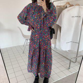 Long-sleeve Floral Print Midi Dress Floral Print - Purple & Blue - One Size