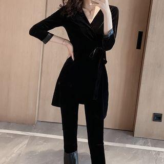 Set: V-neck 3/4-sleeve Peplum Top + Cropped Pants