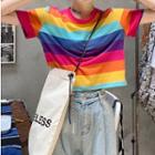 Short-sleeve Striped T-shirt / Elbow-sleeve Mini T-shirt Dress