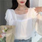 Puff-sleeve Square-neck Ruffled Blouse