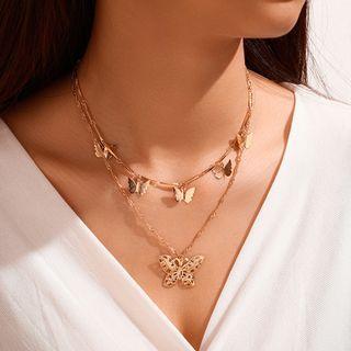 Butterfly Pendant Layered Alloy Necklace Xz59 - Gold - One Size
