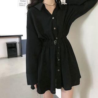 Long-sleeve Midi A-line Shirtdress Black - One Size