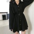 Long-sleeve Midi A-line Shirtdress Black - One Size