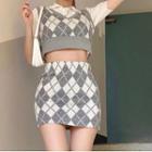 Argyle Print Crop Knit Vest / Knit Skirt