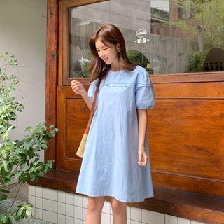 Puff-sleeve Pintuck-trim Shift Dress Sky Blue - One Size
