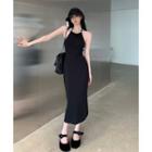 Plain Slim-fit Midi Halter Dress Black - One Size