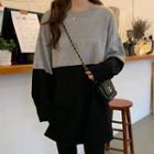 Long-sleeve Two-tone Mini Dress Black & Gray - One Size