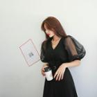 Tulle Puff-sleeve Knit Blouse