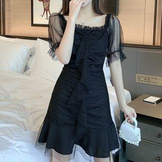 Puff-sleeve Mesh-panel Plain Dress