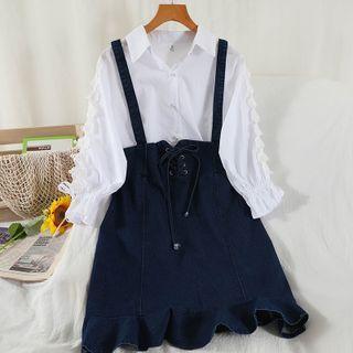 Set: Drawstring Lace Ruffled Shirt + Lace-up Denim Overall Dress