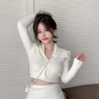 Long-sleeve Collared Cropped Knit Top Top - White - One Size