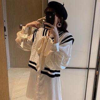 Lantern-sleeve Tie-neck Shirt / Contrast Trim Knit Vest