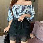 Set: Off-shoulder Paisley Print Blouse + Mini Tiered Skirt Black & White - One Size