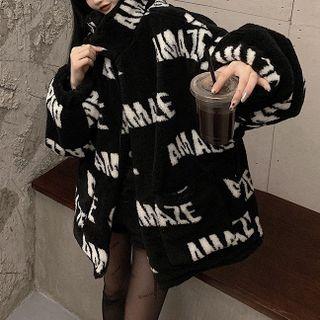 Lettering Oversized Fleece Coat Black - One Size