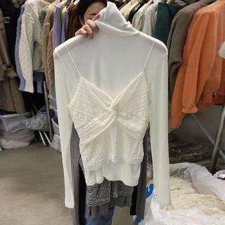Set: Mock-turtleneck Long-sleeve Top + Twisted Camisole Top