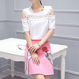 Set: Lace-trim Top + Applique Skirt