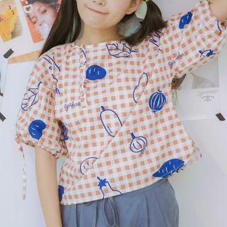 Printed Gingham Elbow-sleeve Blouse