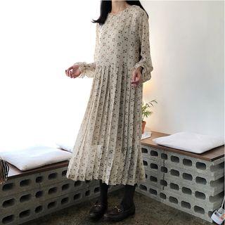 Long-sleeve Floral Print Pleated Midi Dress