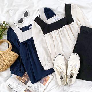 Elbow-sleeve Square-neck Color-block Top